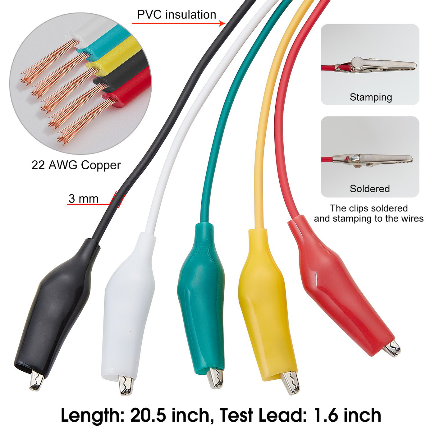 WGGE WG-026 10 Pieces and 5 Colors Test Lead Set & Alligator Clips,20.5 inches (1 Pack)