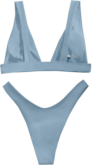 SheIn Women's Solid High Cut Thong Bikini Swimsuit Padded Plunging Bathing Suit