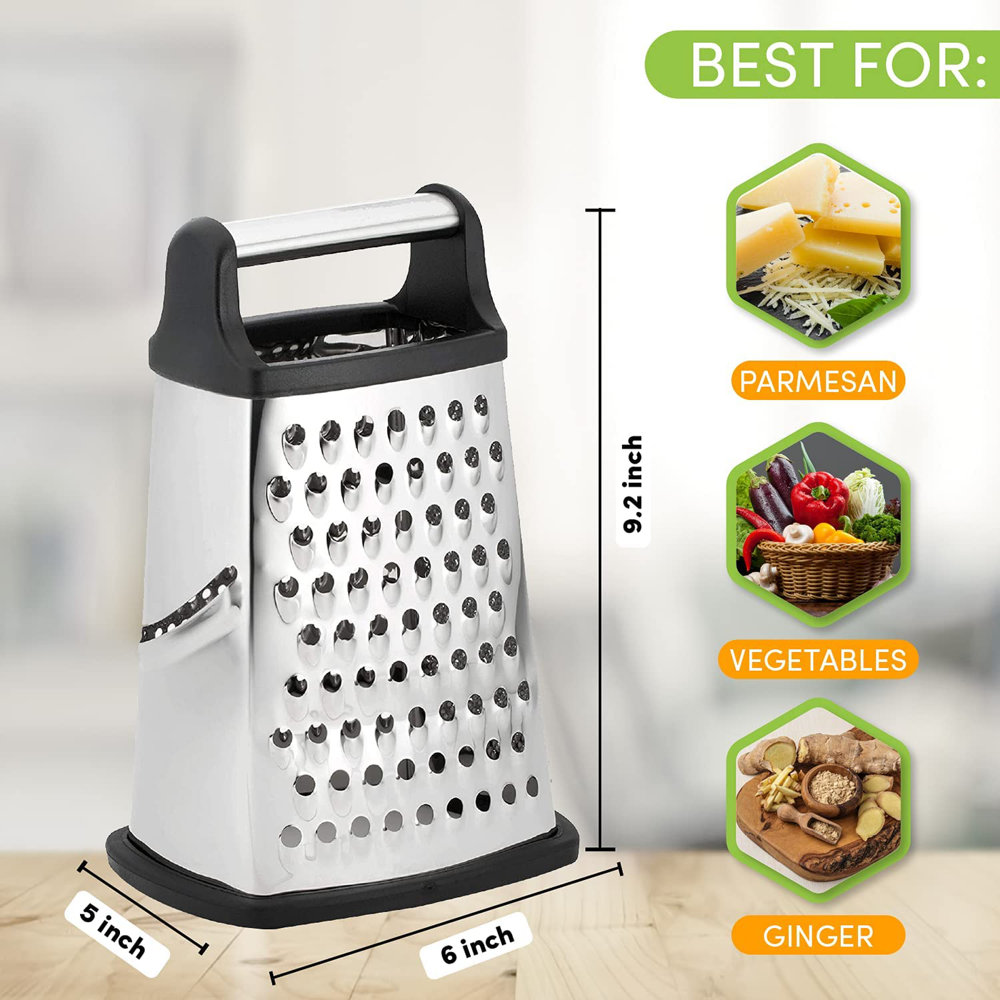 Spring Chef Professional Box Grater, Stainless Steel with 4 Sides, Best for Parmesan Cheese, Vegetables, Ginger, XL Size, Gray