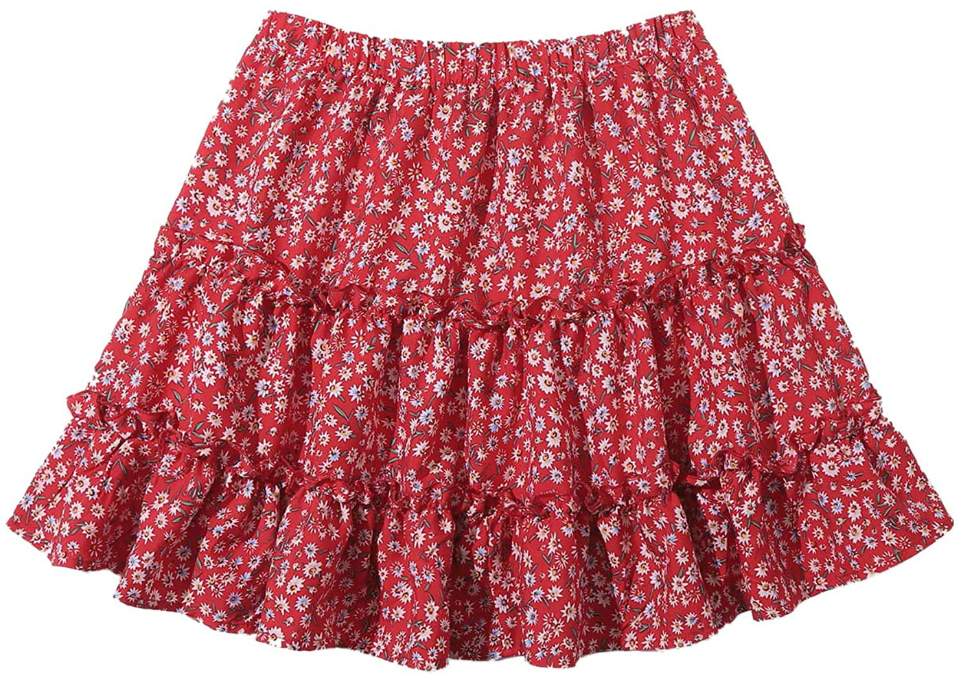 SheIn Women's Boho Floral Print Layered Frill Trim Ditsy Mini Short Flared Skirt