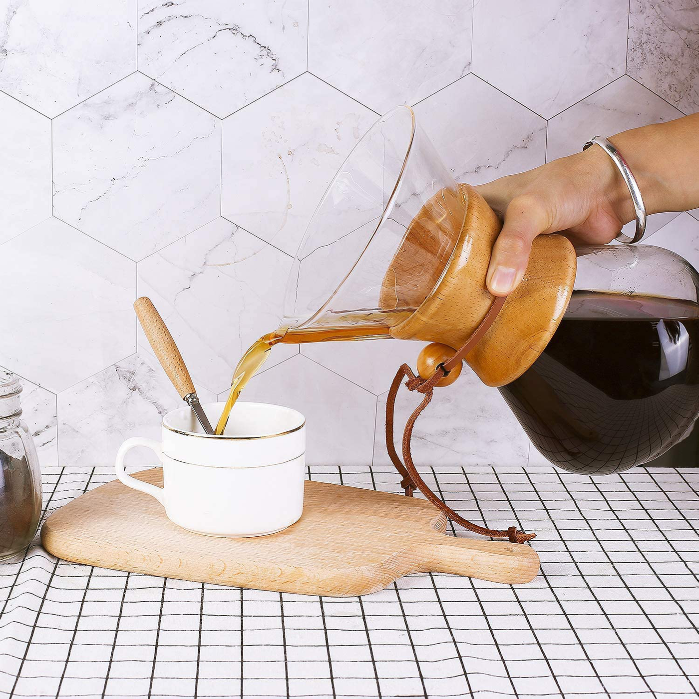 Pour Over Coffee Maker, Phyismor 34 oz Borosilicate Glass Carafe Manual Coffee Dripper Brewer with Real Wood Sleeve