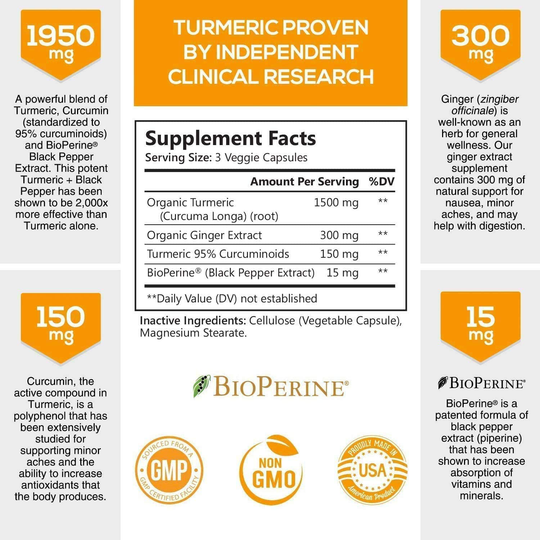 Turmeric Curcumin with BioPerine & Ginger 95% Curcuminoids 1950mg - Black Pepper for Absorption, Made in USA, Natural Immune Support, Turmeric Ginger Supplement by Natures Nutrition - 60 Capsules