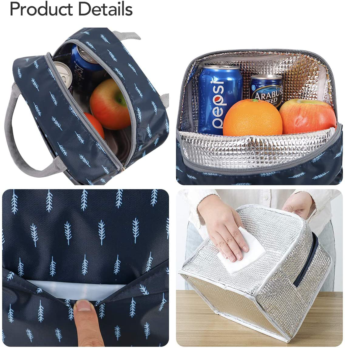 Buringer Reusable Insulated Lunch Bag Cooler Tote Box with Front Pocket Zipper Closure for Woman Man Work Picnic or Travel (Dark Blue White Strip，Small Size)