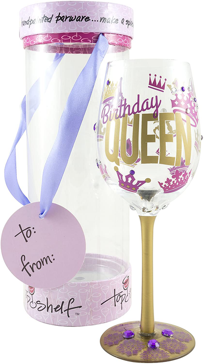 Top Shelf “Birthday Queen” Decorative Wine Glass ; Funny Gifts for Women ; Hand Painted Purple and Gold Design ; Unique Red or White Wine Glasses