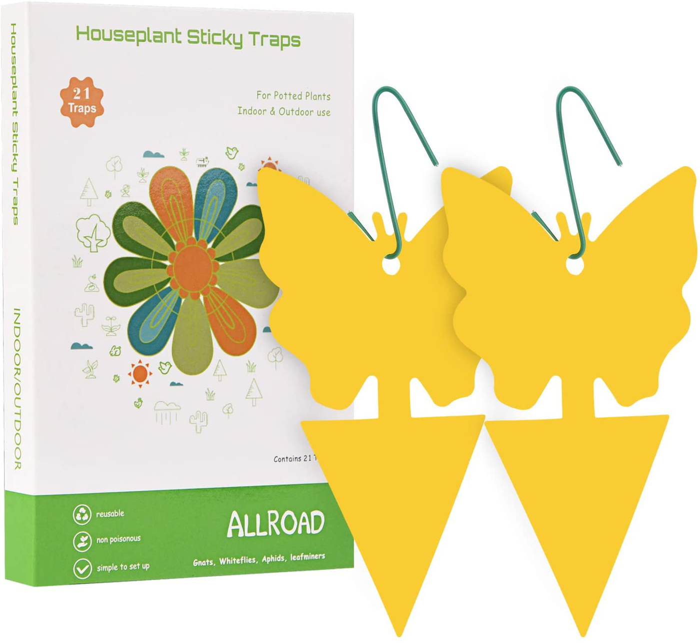 ALLRoad 21 Pcs Yellow Sticky Fruit Fly Traps Gnat Trap for Indoor/Outdoor Houseplant Sticky Bug with Holes Insect Catcher Protect The Plant