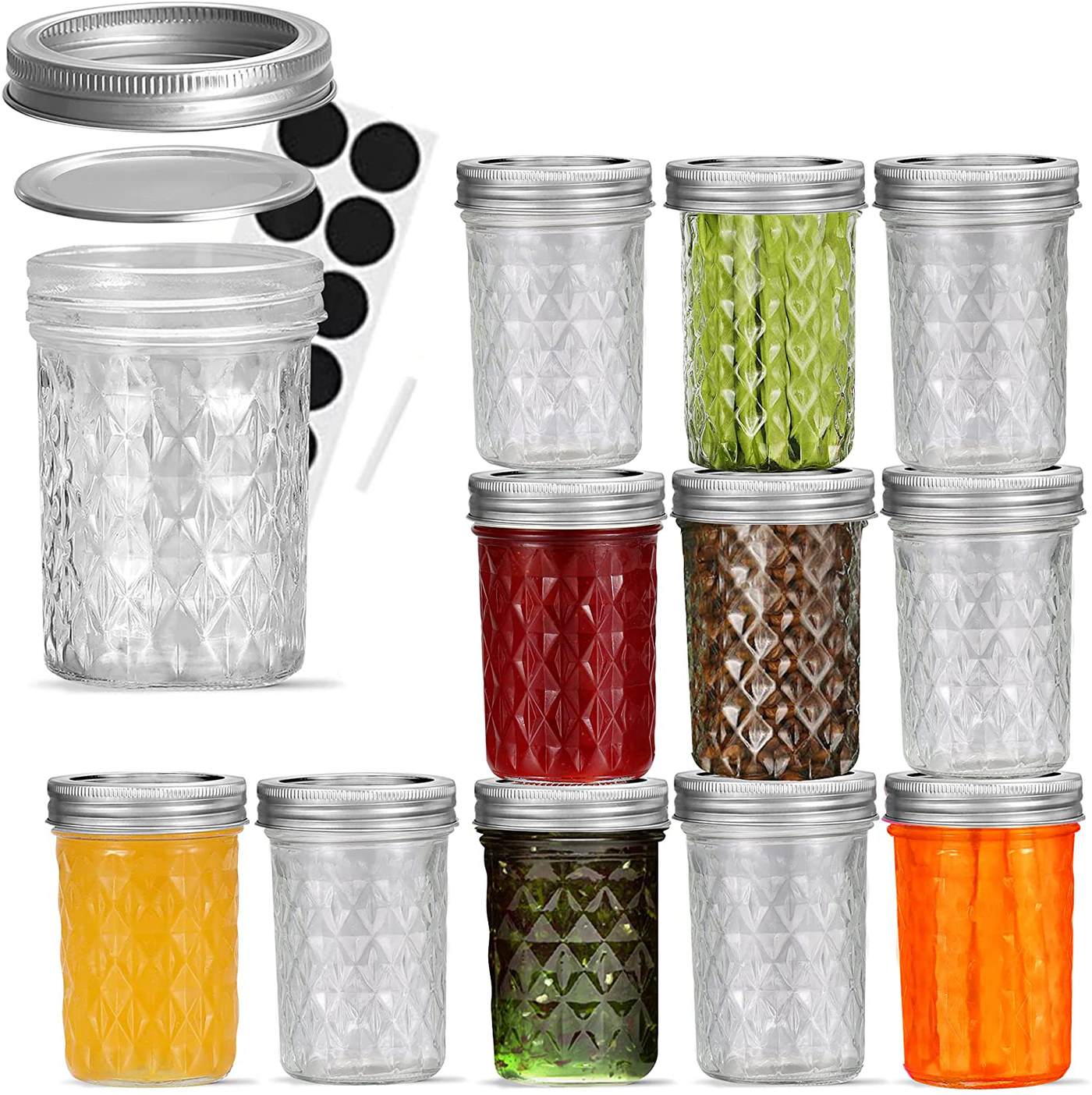 FRUITEAM 8 oz Mason Jars with Lids and Bands-Set of 12, Quilted Crystal Jars Ideal for Jams, Jellies, Conserves, Preserves, Fruit Syrups, Chutneys, and Pizza Sauce