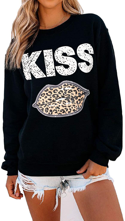 VIMPUNEC Womens Leopard Lips Long Sleeve Tops Oversized Crewneck Sweatshirt
