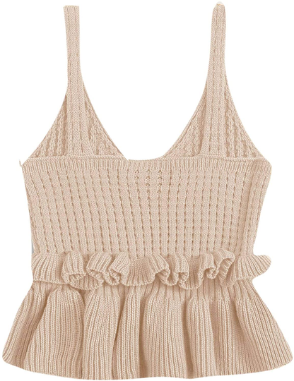 SweatyRocks Women's Casual Knit Top Sleeveless Ruffle Hem V Neck Peplum Crop Tank Top