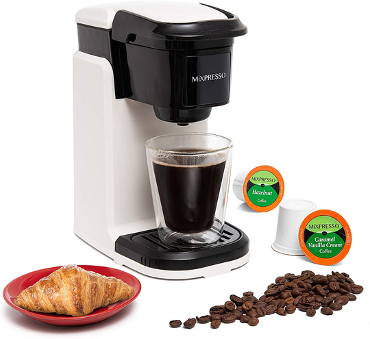 Mixpresso Single Cup Coffee Maker | Personal, Single Serve Coffee Brewer Machine, Compatible with Single-Cups | Quick Brew Technology, Programmable Features, One Touch Function (White & Black)