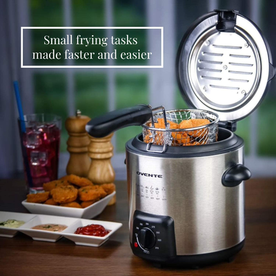 Ovente Electric Oil Deep Fryer 0.9 Liter with Stainless Steel Basket and Temperature Control, 840 Watt Power with Heating Element, Perfect for Chicken Fries Compact & Easy Storage, Silver FDM1091BR