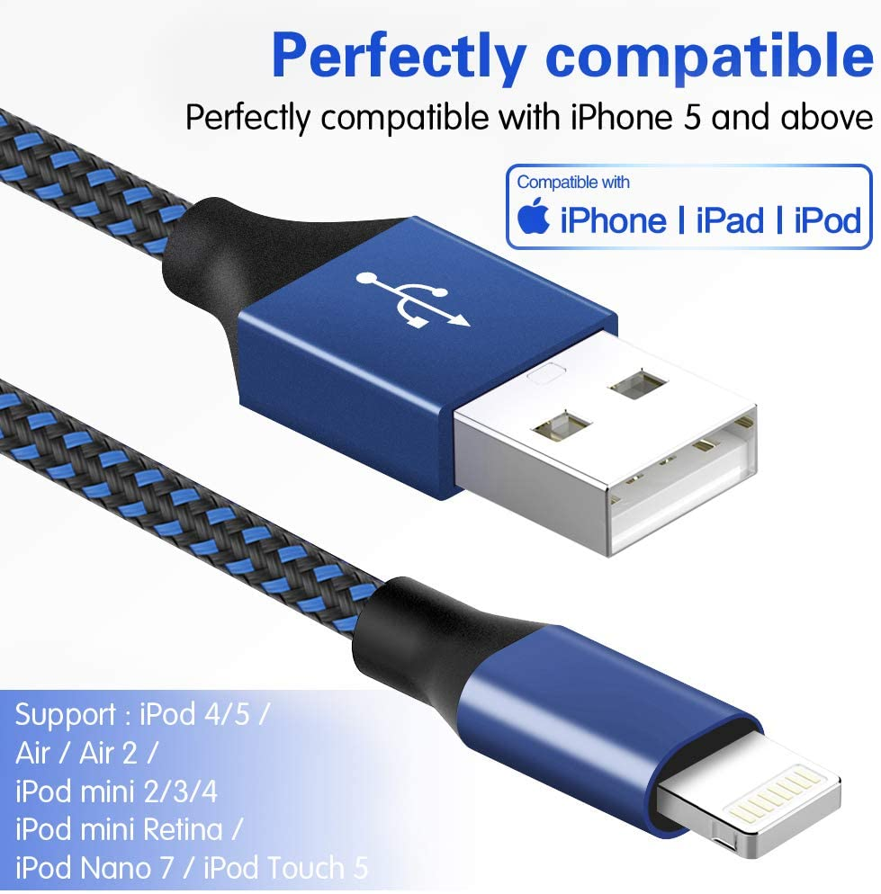 5 Pack(3/3/6/6/10ft) Nylon Braided Compatible iPhone Charger Lightning Cable Fast Charging