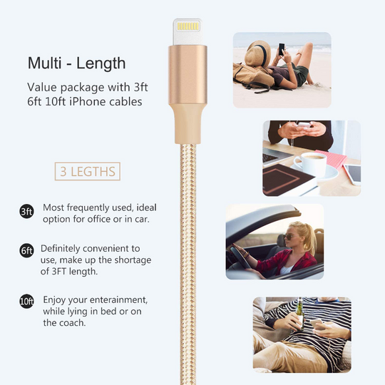 3 Pack Lightning Fast Charge iPhone & iPad - Braided USB Charging Cables