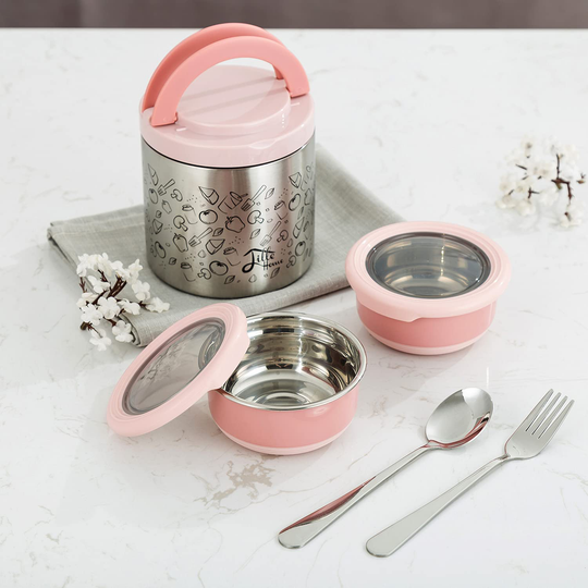 Lille Home Lunch Box Set, A Vacuum Insulated Bento/Snack Box Keeping Food Warm for 4-6 Hours, Two Stainless Steel Food Containers, A Lunch Bag, A Portable Cutlery Set (Green)