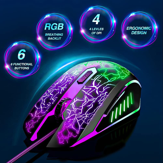 Gaming Mouse Wired, USB Optical Computer Mice with RGB Backlit, 4 Adjustable DPI Up to 3600, Ergonomic Gamer Laptop PC Mouse with 6 Programmable Buttons for Windows 7/8/10/XP Vista Linux