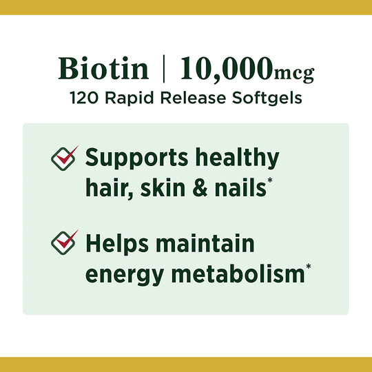 Biotin by Nature's Bounty, Vitamin Supplement, Supports Metabolism for Energy and Healthy Hair, Skin, and Nails, 10000 mcg, 120 Rapid Release Softgels