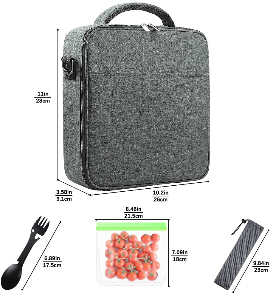 BLOCE Insulated Lunch Bag, Large Lunch Box for Men Women, Freezable Cooler Bag with Food Bag Spoon, Adult Waterproof Lunchbox for Office Work School Picnic Beach Workout Travel (Gray)