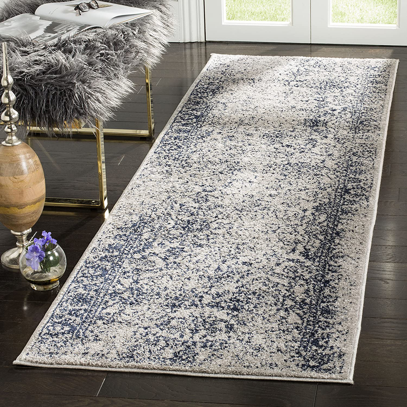 Safavieh Adirondack Collection ADR109P Oriental Distressed Non-Shedding Stain Resistant Living Room Bedroom Runner, 2'6" x 8' , Grey / Navy