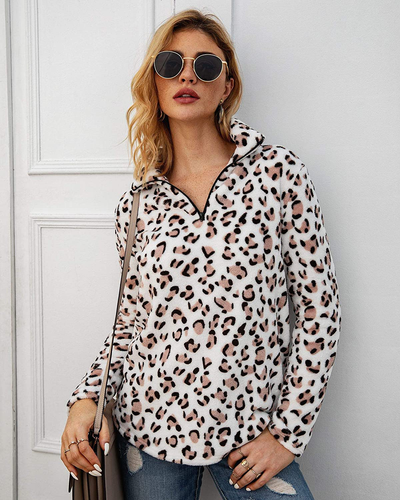 P&A Fashion Women's Long Sleeve Leopard Print Sweatshirt V Neck Quarter Zip Fleece Pullover Tops