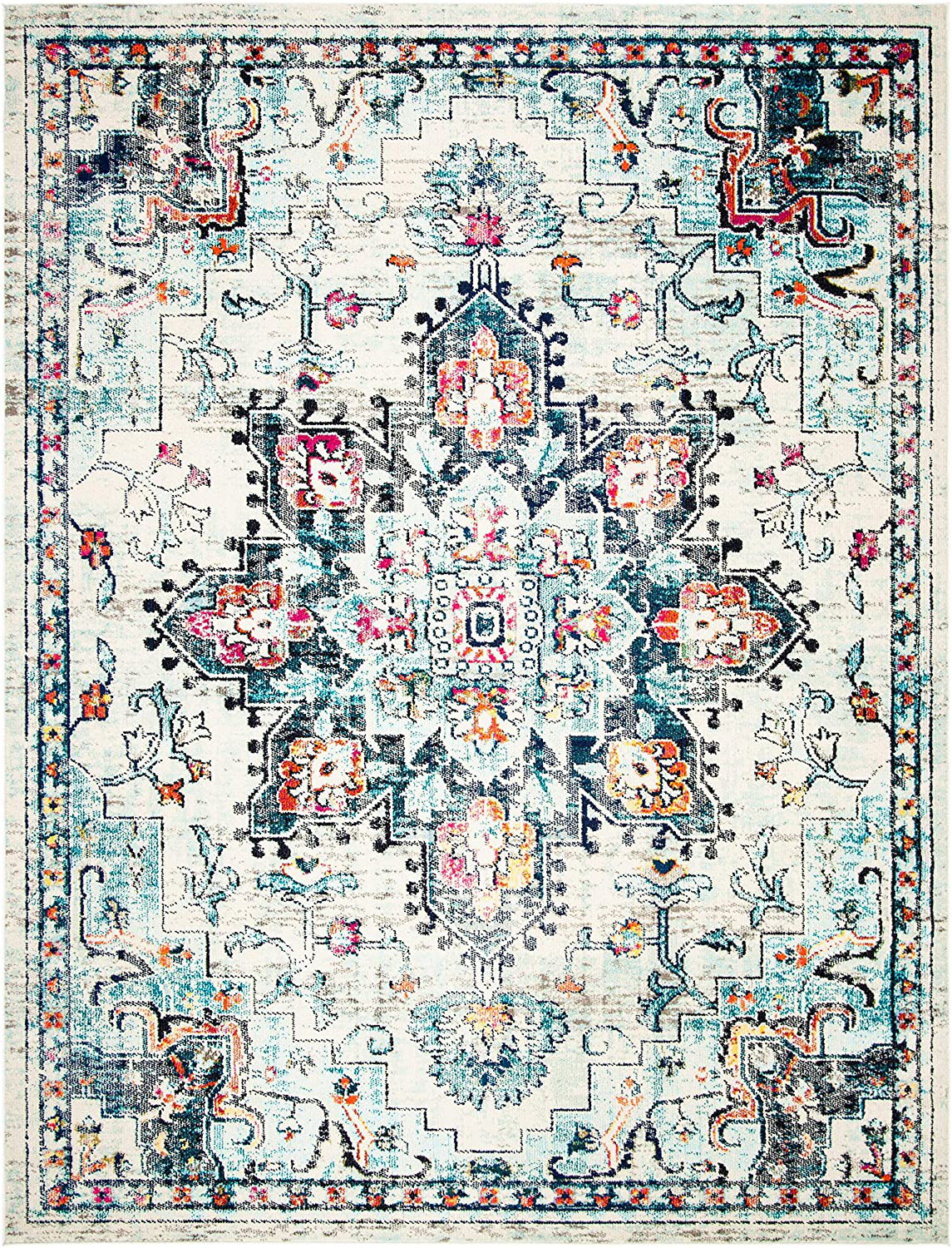 Safavieh Madison Collection MAD473B Boho Chic Medallion Distressed Non-Shedding Stain Resistant Living Room Bedroom Runner, 2'2" x 10' , Cream / Blue