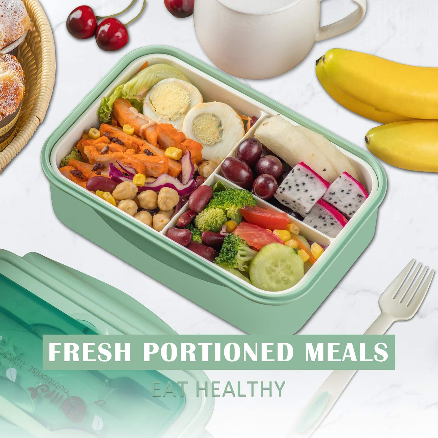 Bento Boxes for Adults - 1100 ML Bento Lunch Box For Kids Childrens With Spoon & Fork - Durable, Leak-Proof for On-the-Go Meal, BPA-Free and Food-Safe Materials