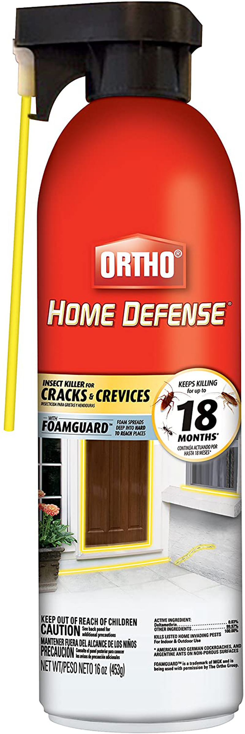 Ortho 071549020545 Home Defense Killer for Cracks & Crevices: Spray Foam Kills Ants, Cockroaches, Fleas, Centipedes, Crickets, Boxelder Bugs & Other Listed Common Insects, Long-Lasting, 16 oz, Brown/A