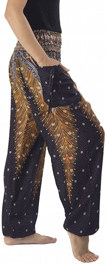 Lannaclothesdesign Women's Smocked Waist Peacock Print Harem Pants Hippie Bohemian Style