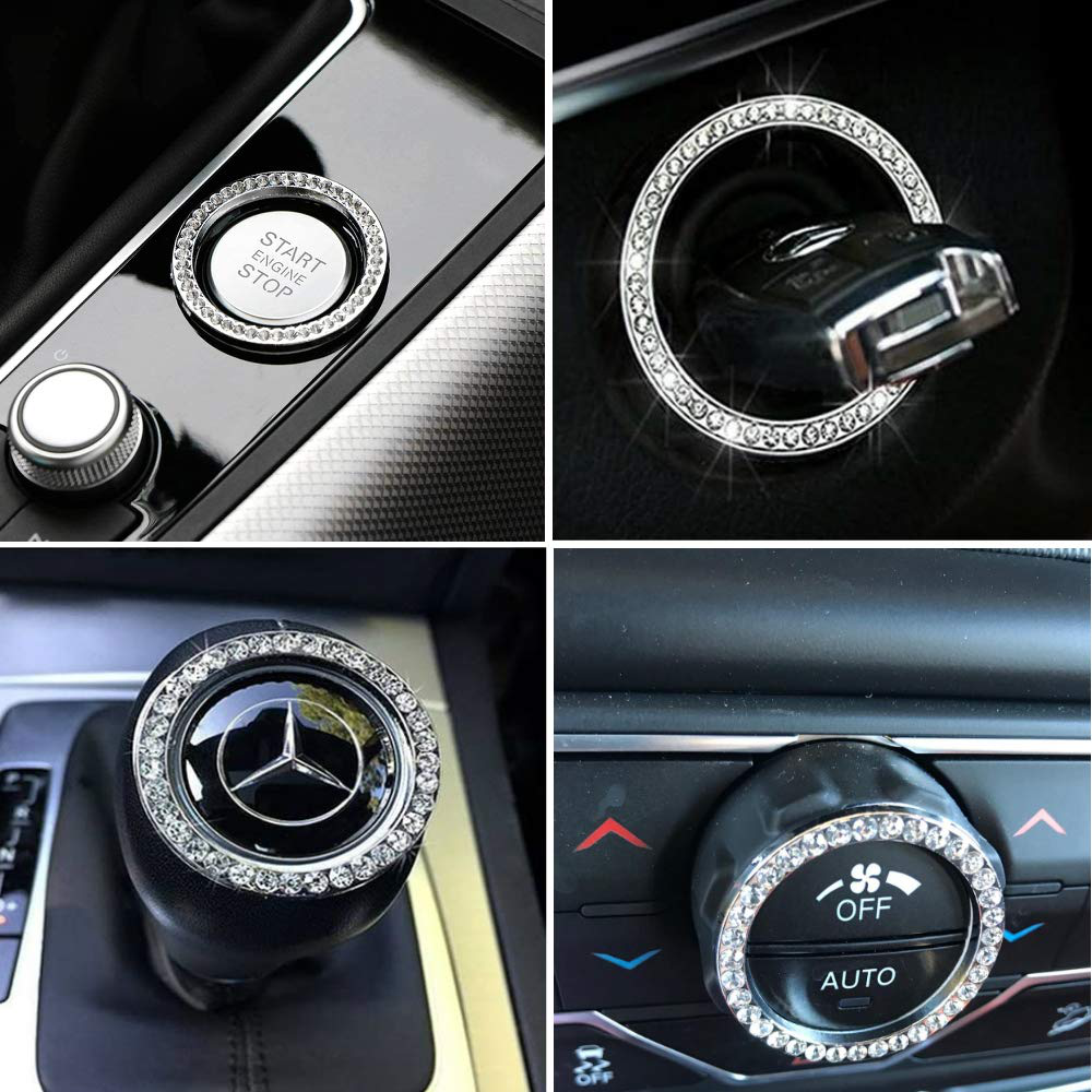 Personality Car Interior Emblem Crystal Ring Sticker,Automotive Parts Start Engine Ignition Button Key & Knobs Key Ignition & Knob Bling Ring, Car Glam Interior Accessory, Unique Women Gift(Silver)