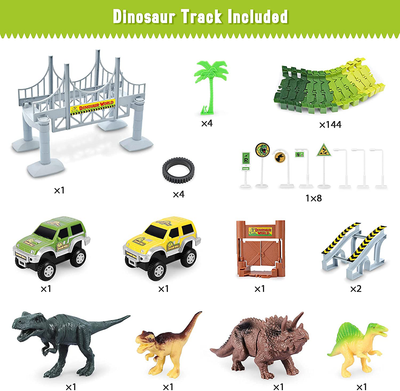 Dinosaur Toys-170 pcs Create A Dinosaur World Road Race-Flexible Track Playset ,4 Dinosaurs and 2 Race Car Toys for 3 4 5 6 Year & Up Old boy Girls Best Gift (Green)