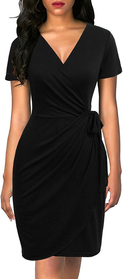 Lyrur Women's Classic V-Neck Casual Party Knee Length Sheath Work Short Sleeve Faux Black Wrap Dress