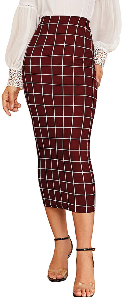 Verdusa Women's Elegant Plaid Elastic Waist Bodycon Midi Skirt