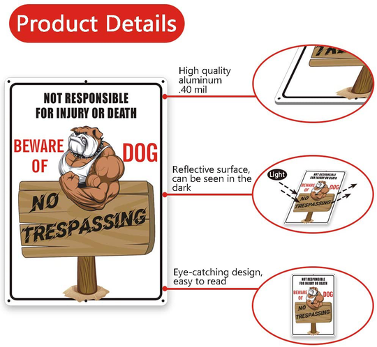 Beware of Dog Sign No Trespassing Signs for Fence Yard, Funny Dog Warning Sign