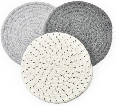 Potholders Set Trivets Set 100% Pure Cotton Thread Weave Hot Pot Holders Set (Set of 3) Stylish Coasters, Hot Pads, Hot Mats,Spoon Rest For Cooking and Baking by Diameter 7 Inches (Gray)