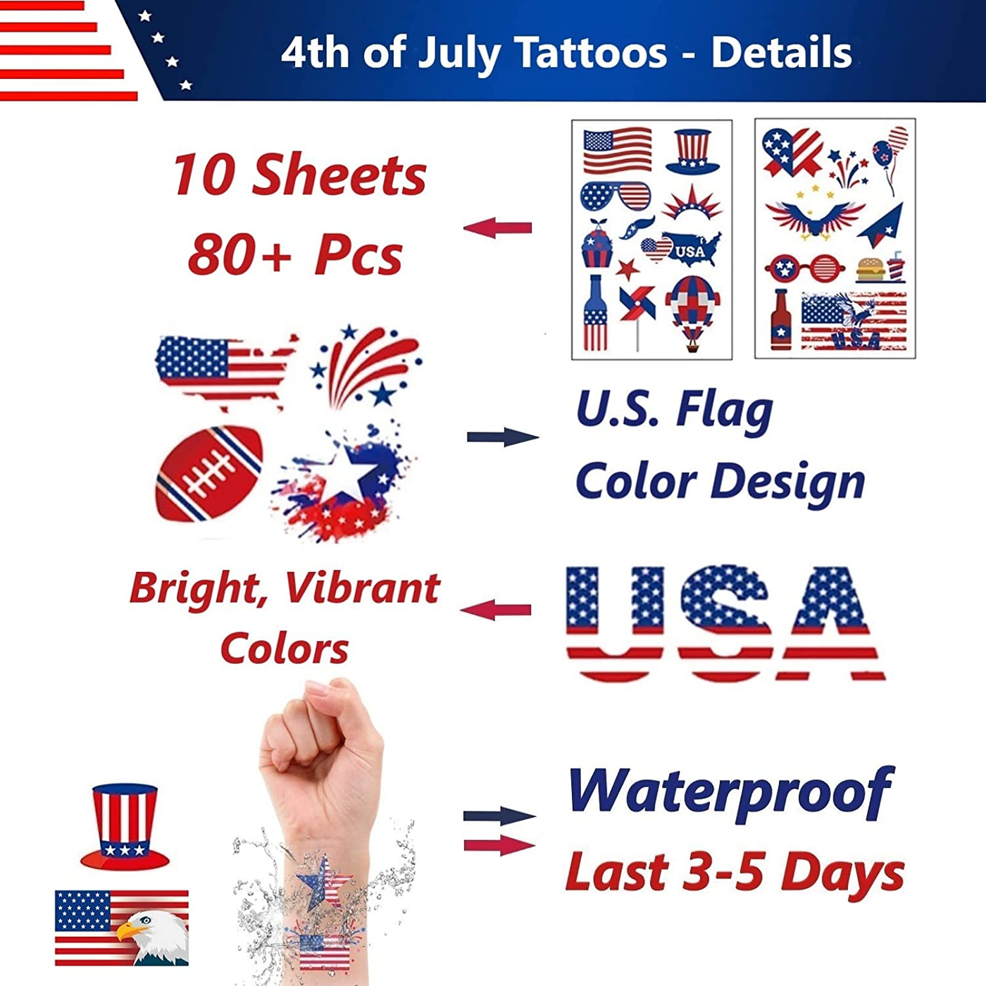 4th of July Patriotic Temporary Tattoos (10 - 20 Sheets)
