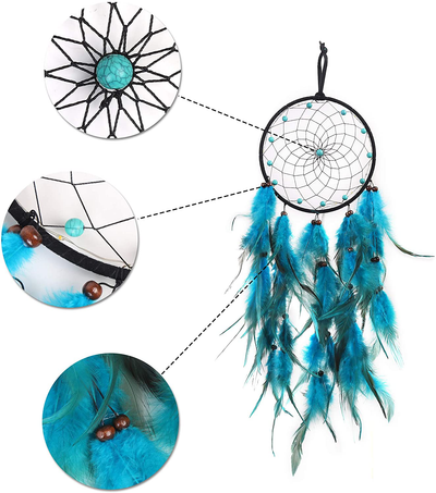 Dream Catcher, Native American HandmadeTassels Boho Feather Dream Catchers with LED Light, Dreamcathers Gift for Bedroom Home Hanging Decor (Blue)