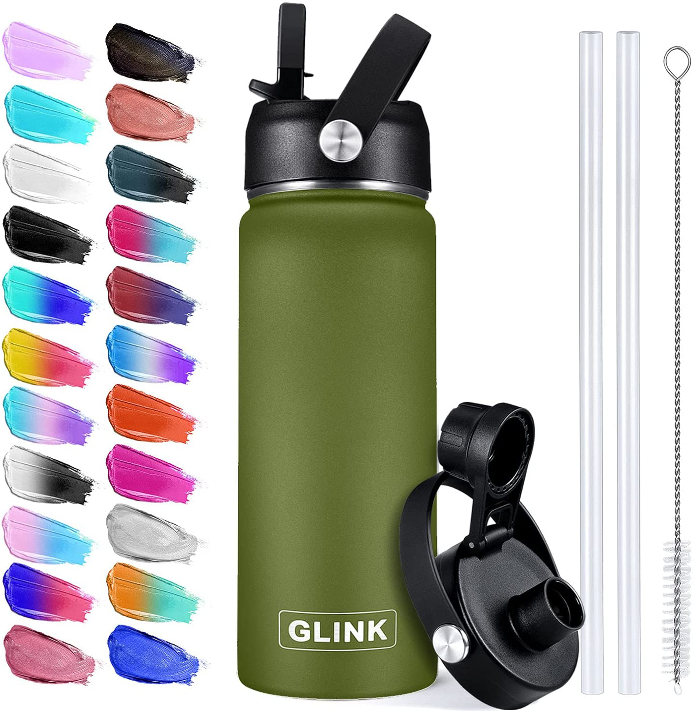 Glink Stainless Steel Water Bottle with Straw, 12-64 oz Wide Mouth Double Wall Vacuum Insulated Water Bottle Leakproof, Straw Lid and Spout Lid with New Rotating Rubber Handle