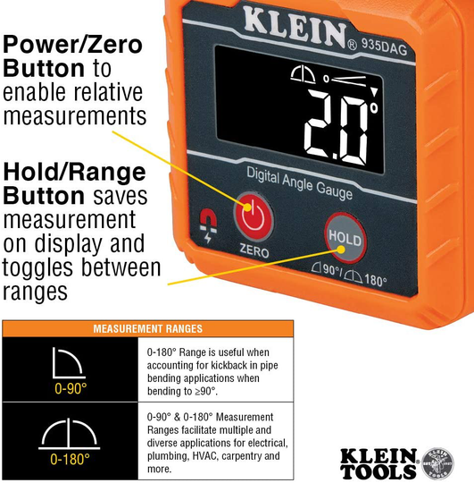 Klein Tools 935DAG Digital Electronic Level and Angle Gauge, Measures 0 - 90 and 0 - 180 Degree Ranges, Measures and Sets Angles