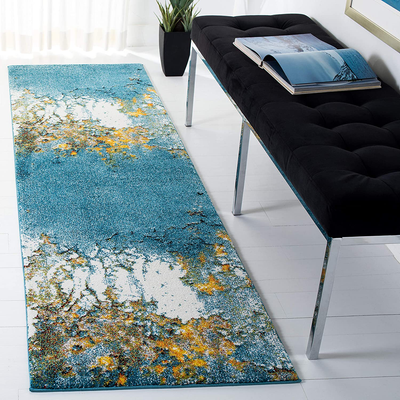 Safavieh Glacier Collection GLA125M Modern Abstract Non-Shedding Stain Resistant Living Room Bedroom Runner, 2'3" x 12' , Blue / Gold
