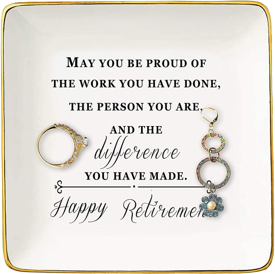 Happy Retirement Gifts for Women – Ceramic Jewelry Holder Ring Dish Trinket Tray – Retirement Appreciation Gift -Gift for Mom Boss Co-workers, Teachers,Nurse,Friends,Wife,Sister