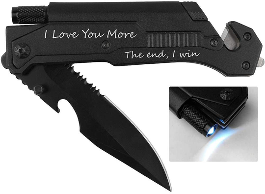 Engraved Hunting Pocket Knife, I Love You More, Pocket Knife for Men with 6 Functions, LED Light, Fire Starter, Bottle Opener,Seat Belt Cutter,Glass Breaker, Mens Pocket Knife