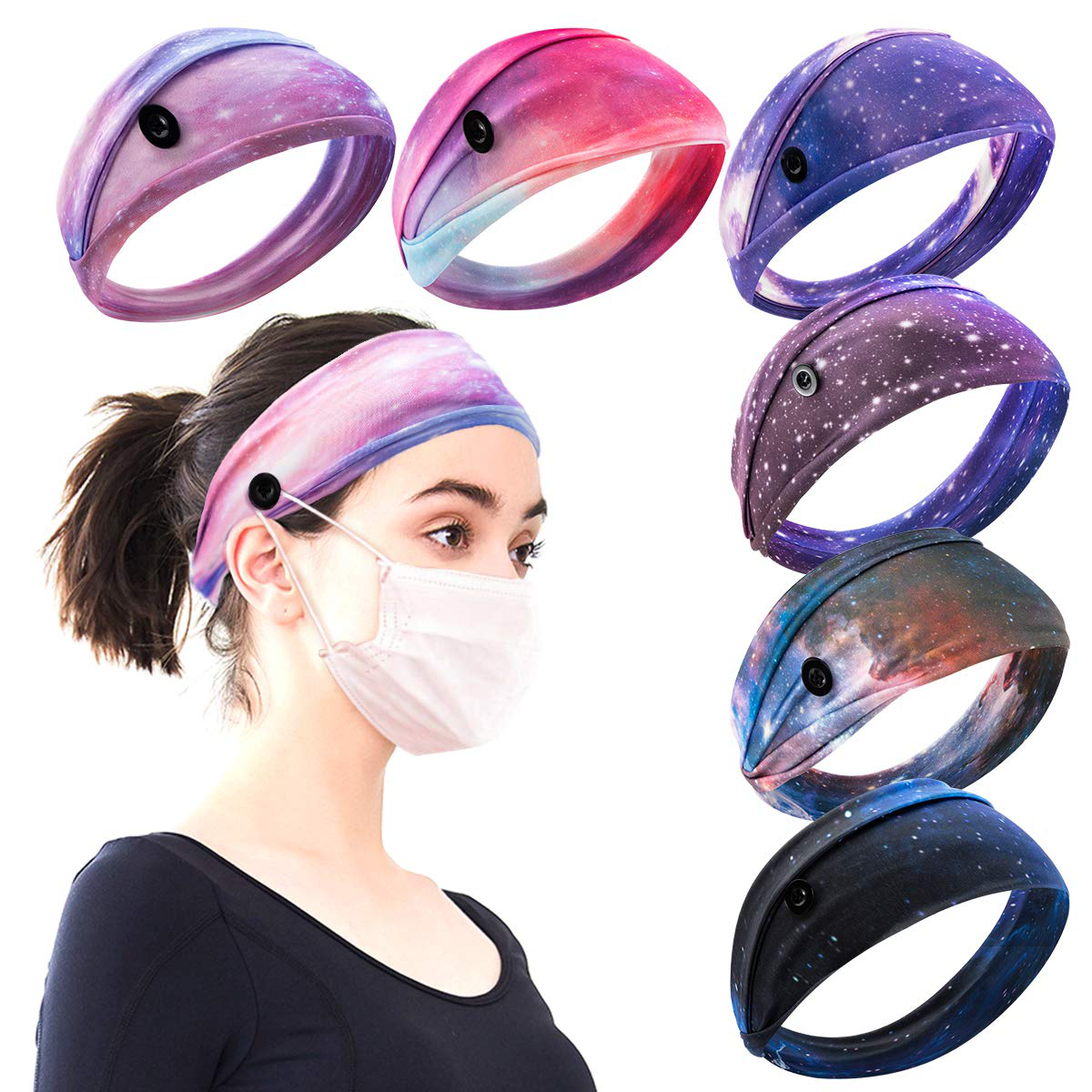 4pcs Button Headbands Set- Non Slip Elastic Headbands with Button in 4 Colors Hair Accessories for Women Men Moisture Wicking Sweatband Sports Head Wrap for Yoga Sports Outdoor Activities