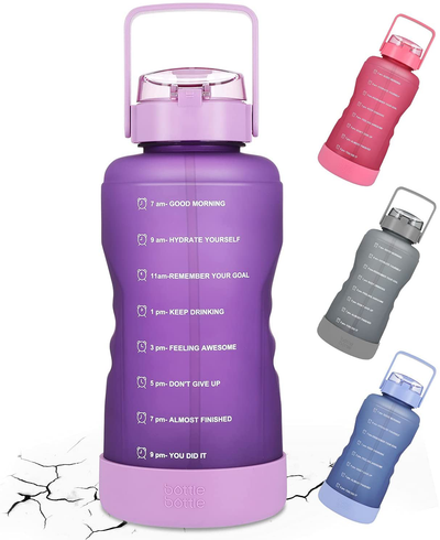 BOTTLE BOTTLE Half Gallon Water Bottle with Time Marker and Straw Workout Leak-proof Water Bottle for Adults and Kids 64oz Water Chug Jug with Protective Silicone Boot (Purple)