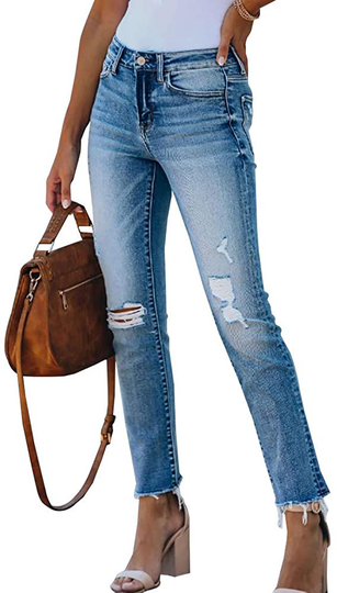 CME SHOWU Women Straight Leg Ripped Jeans Mid Rise Stretch Denim Pants