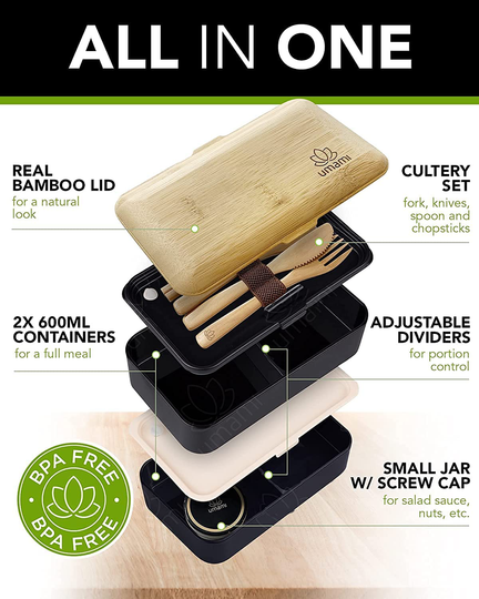 UMAMI Glass & Bamboo Bento Box for Adults/Children, 1 Meal Prep Lunch Box Food Containers for Men/Women, Microwave, Dishwasher & Freezer Safe