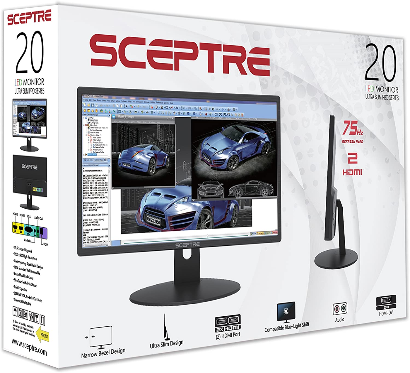 Sceptre 20" 1600x900 75Hz Ultra Thin LED Monitor 2x HDMI VGA Built-in Speakers