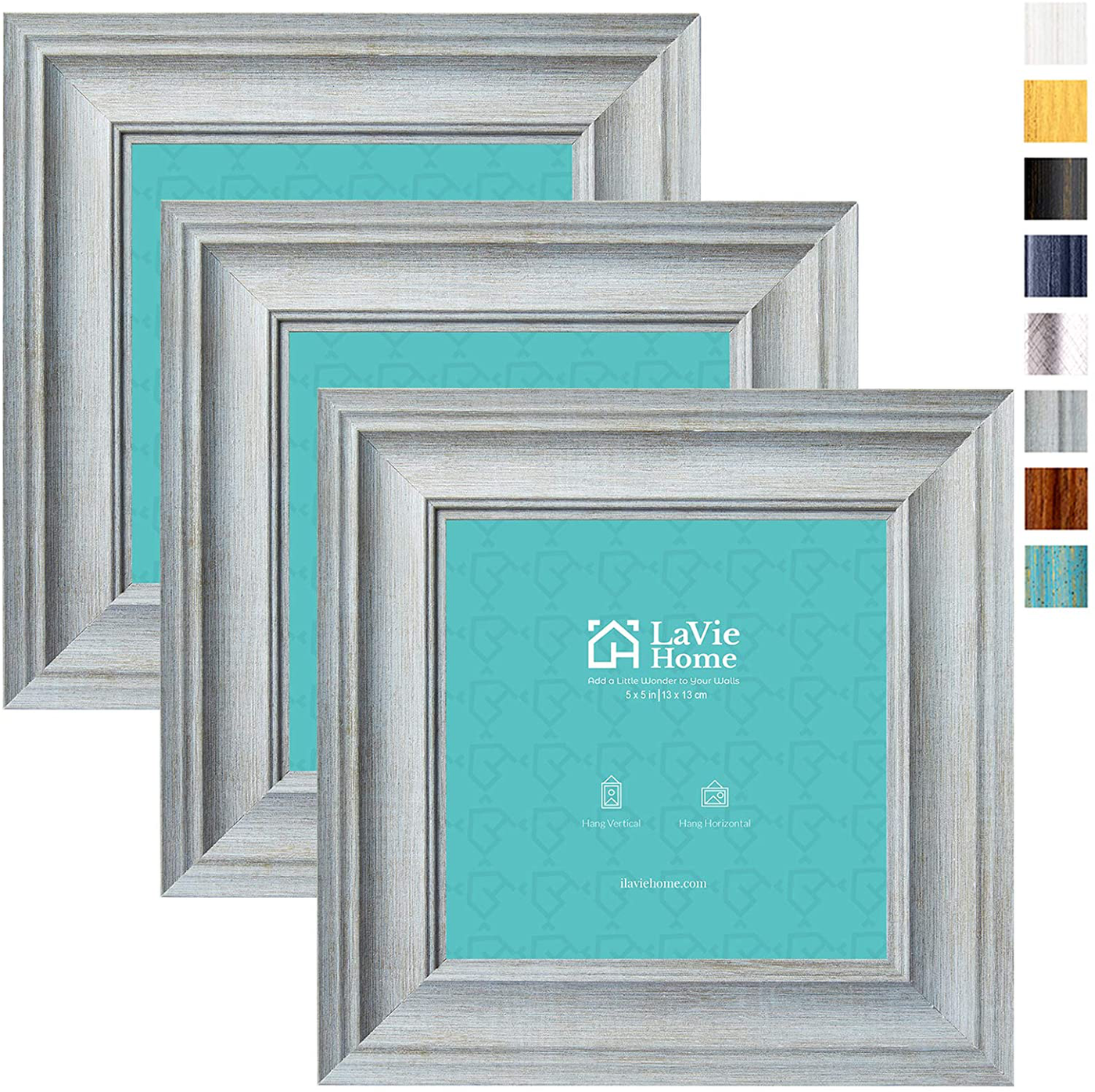 LaVie Home 5x5 Picture Frames (3 Pack, Distressed White Wood Grain) Rustic Photo Frame Set with High Definition Glass for Wall Mount & Table Top Display