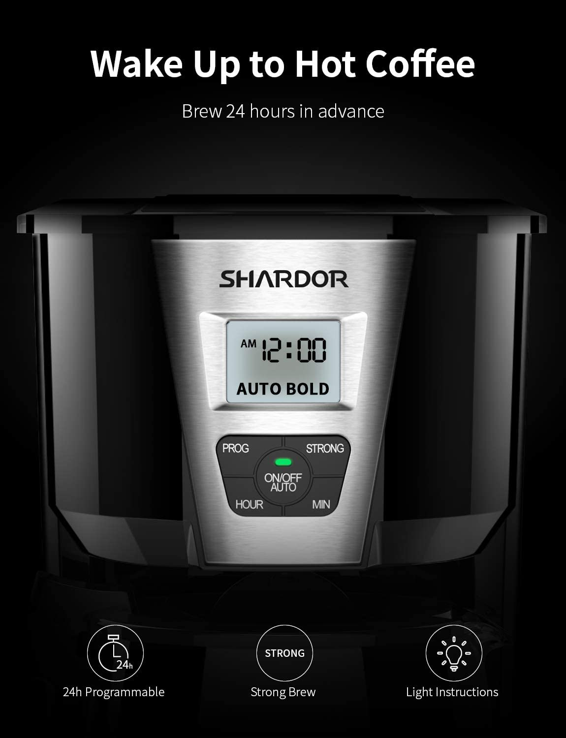 SHARDOR Drip Coffee Maker, 12 Cup Programmable Brew Coffee Machine 3.0, Automatic Start and Shut Off, Brew Strength Control, Warming Plate, Glass Carafe, 60oz, Black