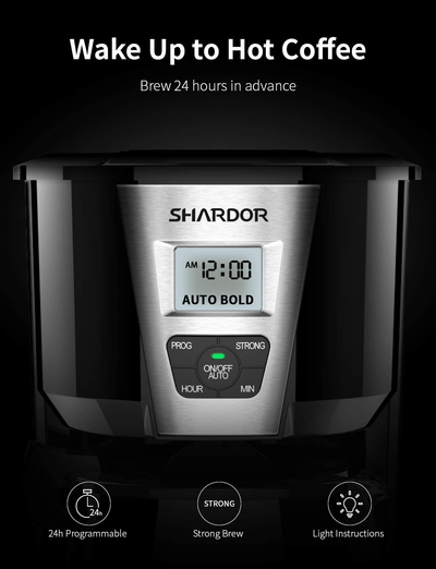 SHARDOR Drip Coffee Maker, 12 Cup Programmable Brew Coffee Machine 3.0, Automatic Start and Shut Off, Brew Strength Control, Warming Plate, Glass Carafe, 60oz, Black