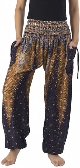 Lannaclothesdesign Women's Smocked Waist Peacock Print Harem Pants Hippie Bohemian Style