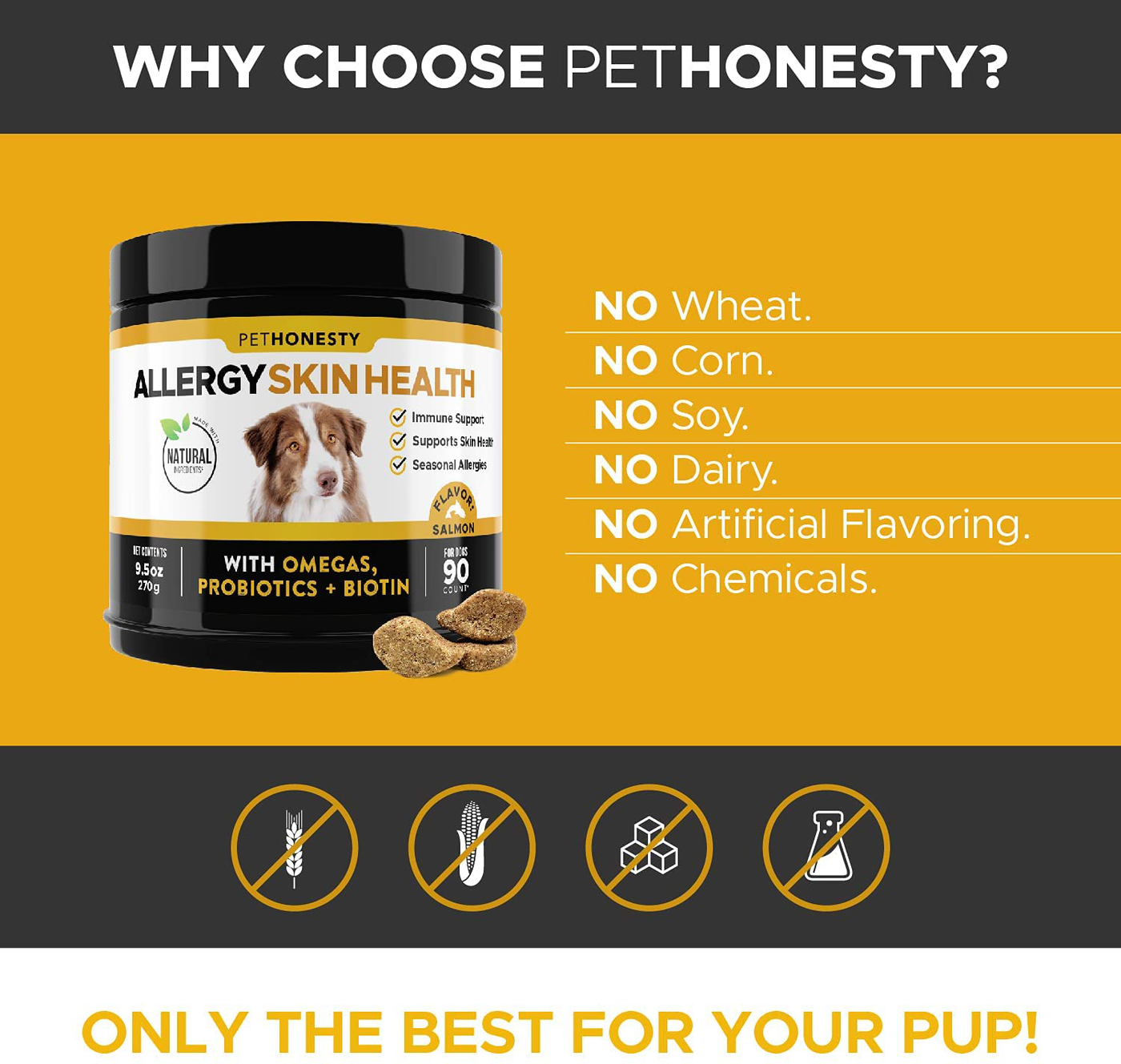 PetHonesty Allergy SkinHealth - Fish Oil for Dogs with Omegas, DHAGold, Flaxseed, Probiotics for Itch-Free Skin, Shiny Coats, Hotspots, Reduce Shedding - Soft Chews for Healthy Skin & Coat