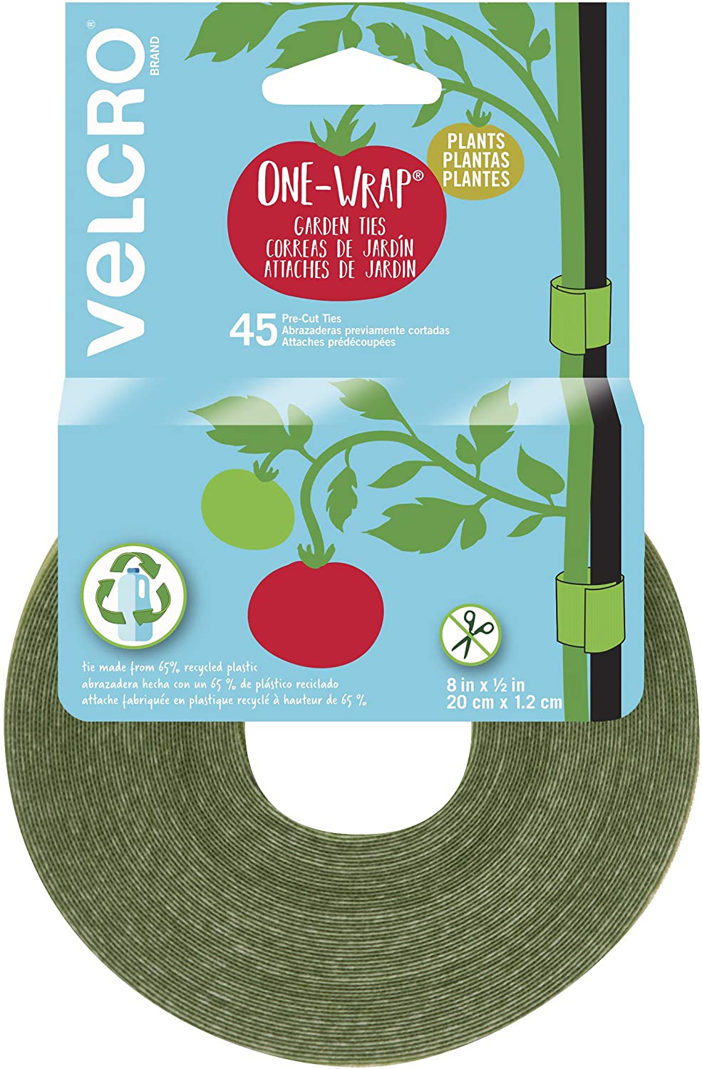 VELCRO Brand VEL-30071-USA ONE-WRAP Garden Ties | Plant Supports for Effective Growing | Strong Grips are Reusable and Adjustable | Cut-to-Length, 50 ft x 1/2 in, Green-Recycled Plastic